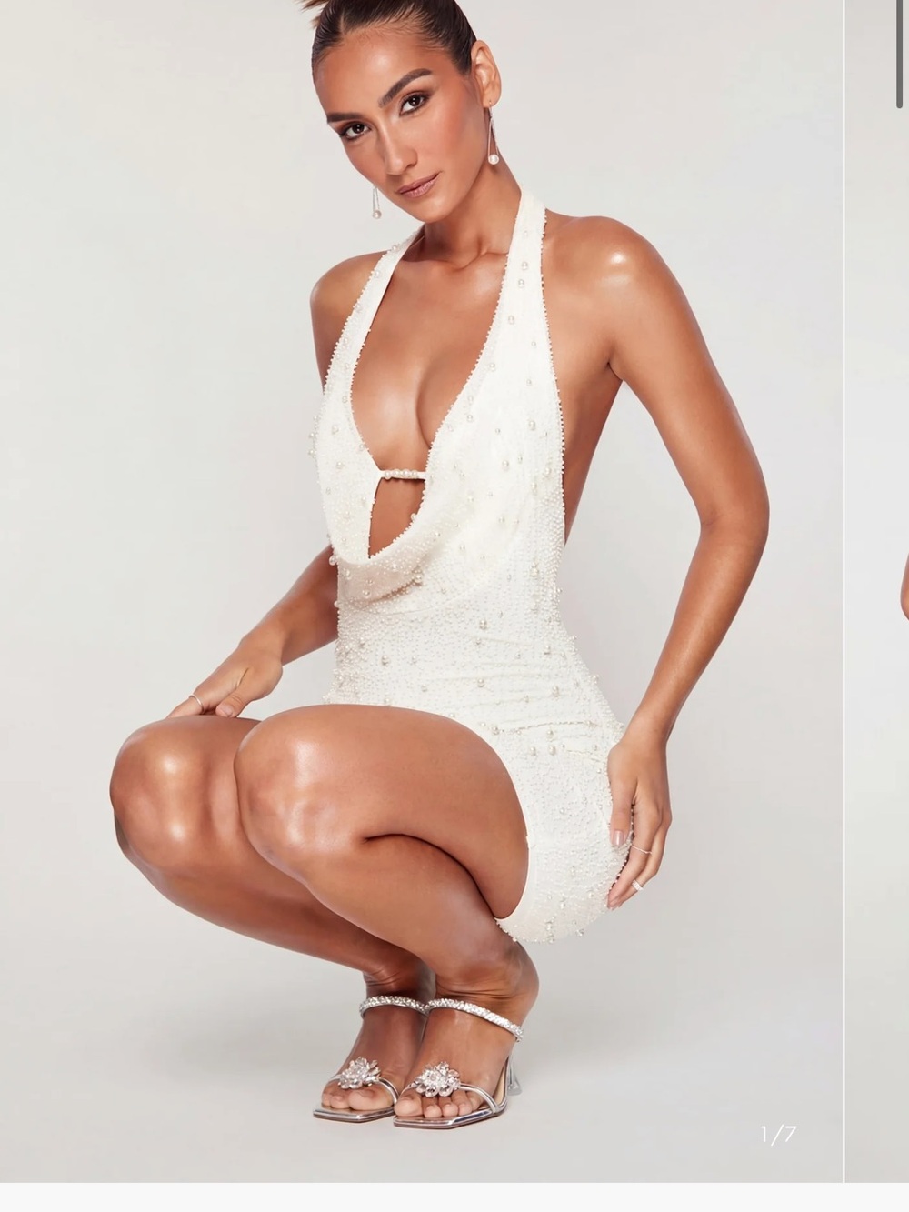 Oh Polly White Pearl-Embellished Cowl Halter Mini Dress